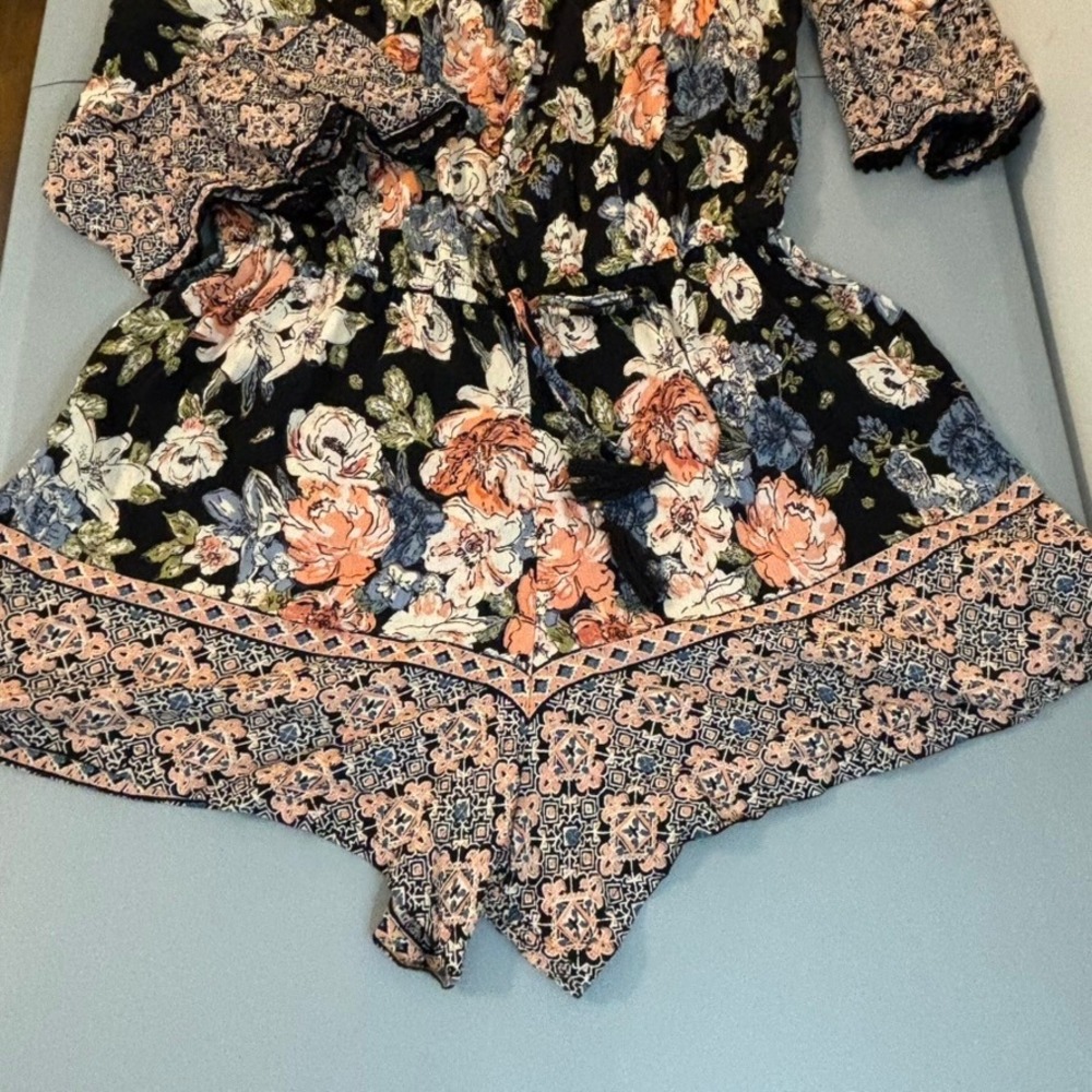 Angie Festival Floral Romper Crochet Lace Trim‎ Bell Sleeve Off Shoulder M Boho - Picture 14 of 16